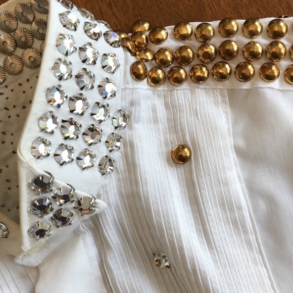 Cowgirl Fancy Western white button down blouse shirt Gold Embellishment Studs - Picture 11 of 15